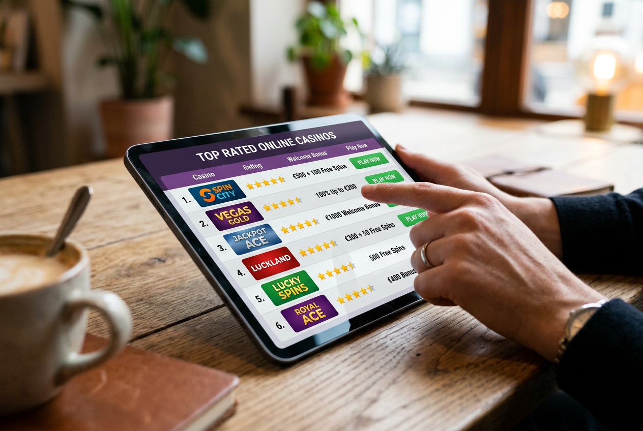 A close-up of a digital tablet showing a casino comparison table