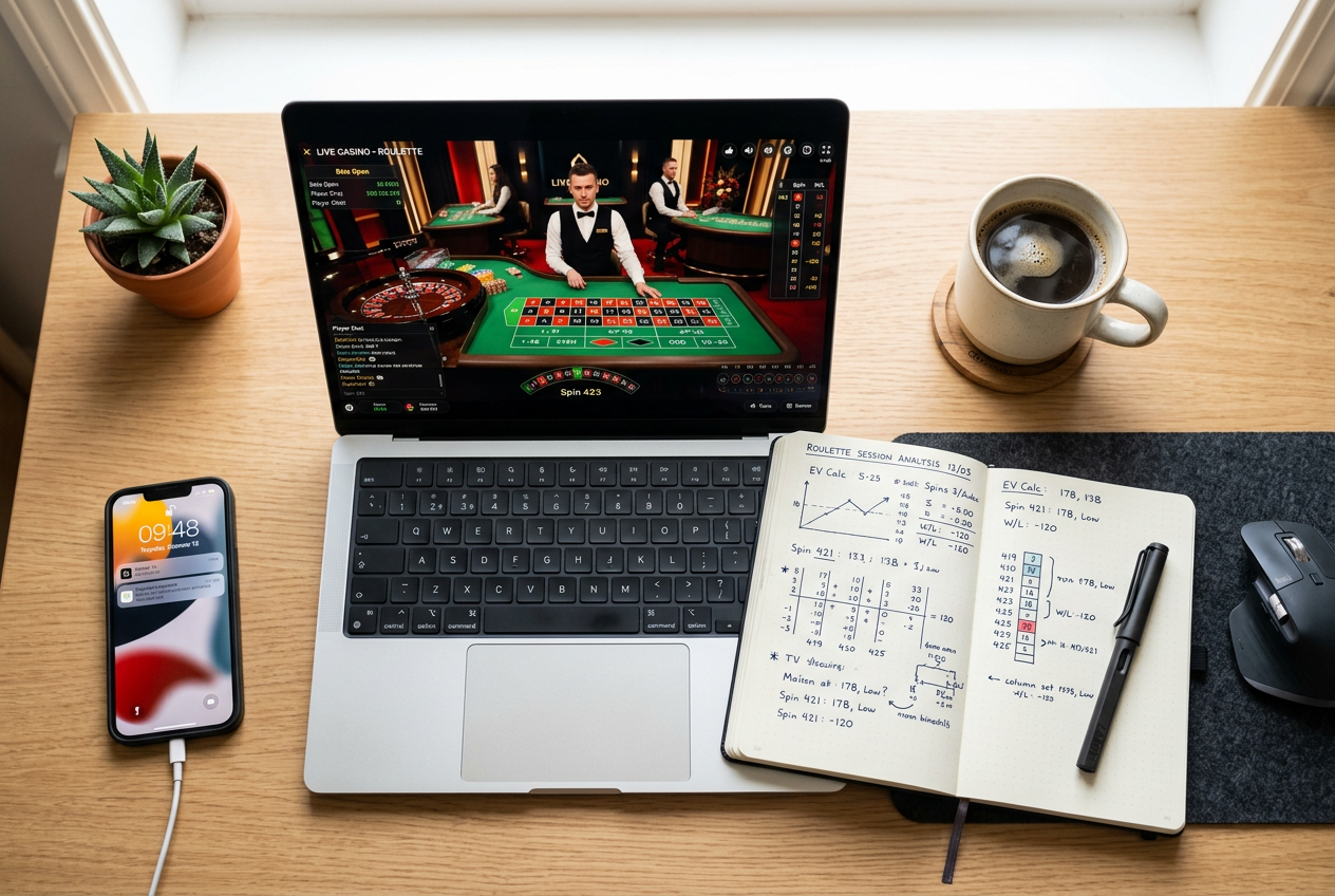 A professional workspace with a laptop and casino notes