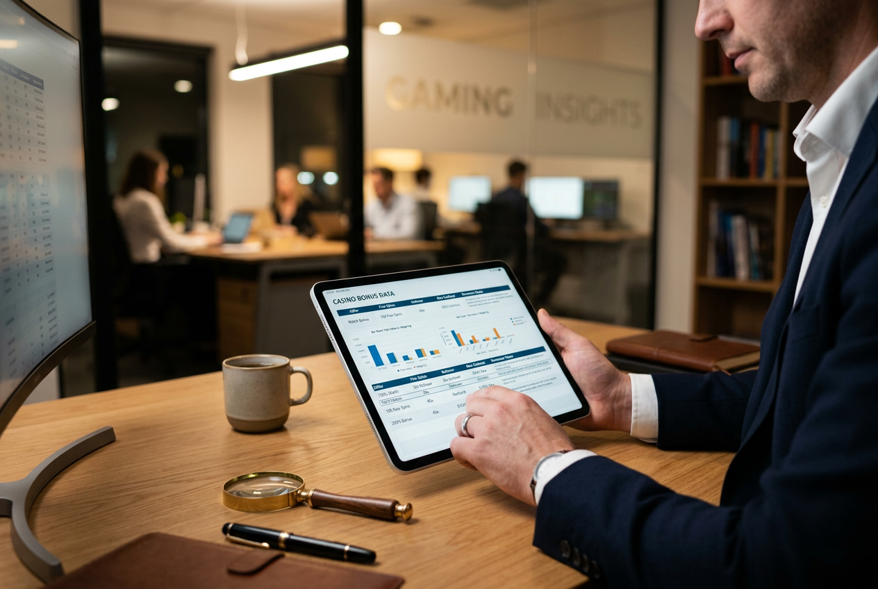A professional reviewer checking online casino bonus terms on a digital tablet.