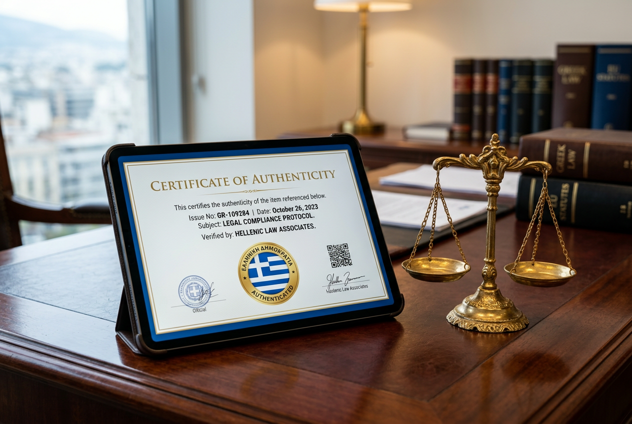 A digital certificate with a Greek flag seal and justice scales representing gaming laws.