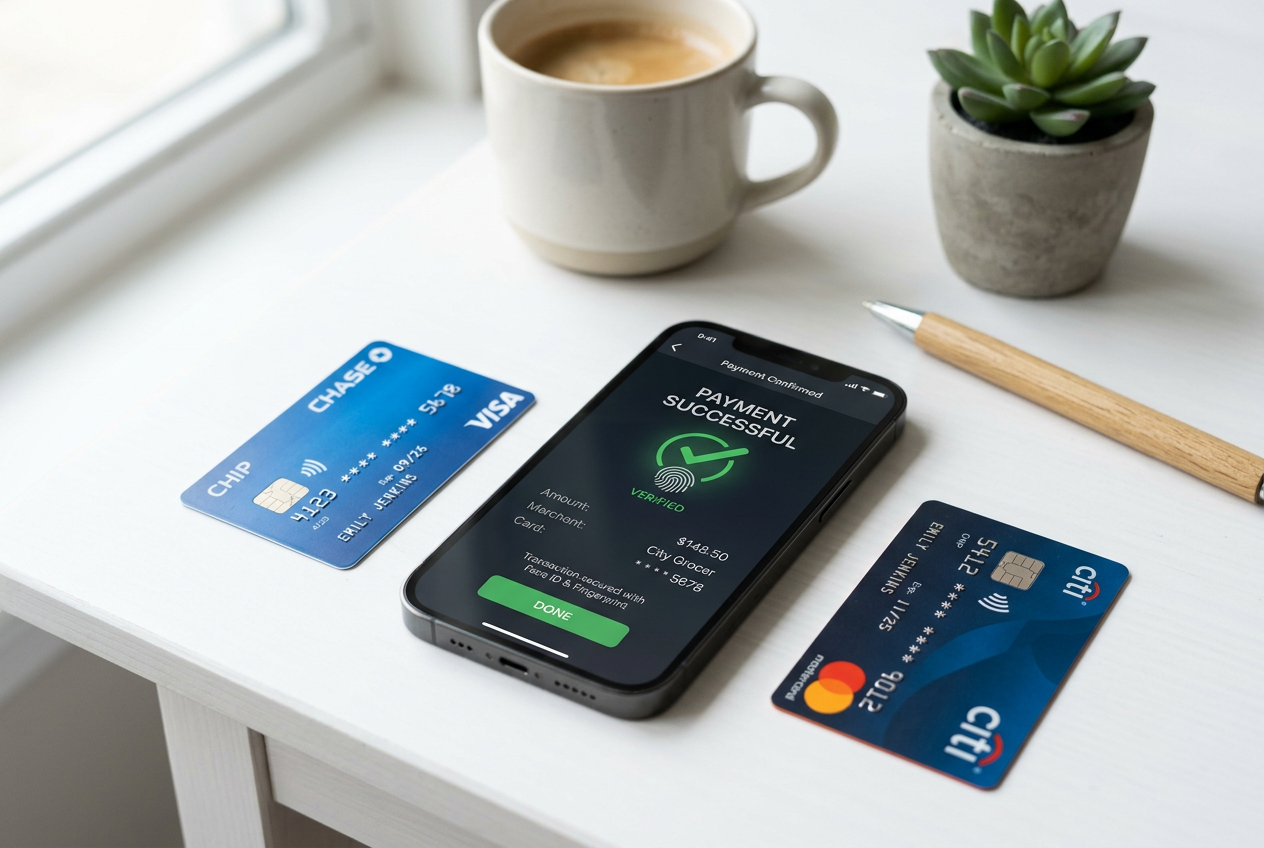 Digital payment methods and banking cards on a modern desk for secure transactions.