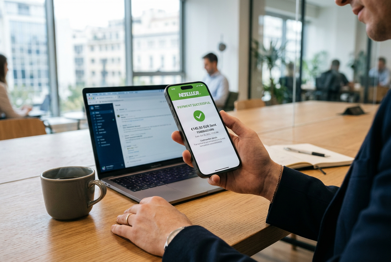 Μια ασφαλής ψηφιακή πληρωμή μέσω Neteller σε smartphone.