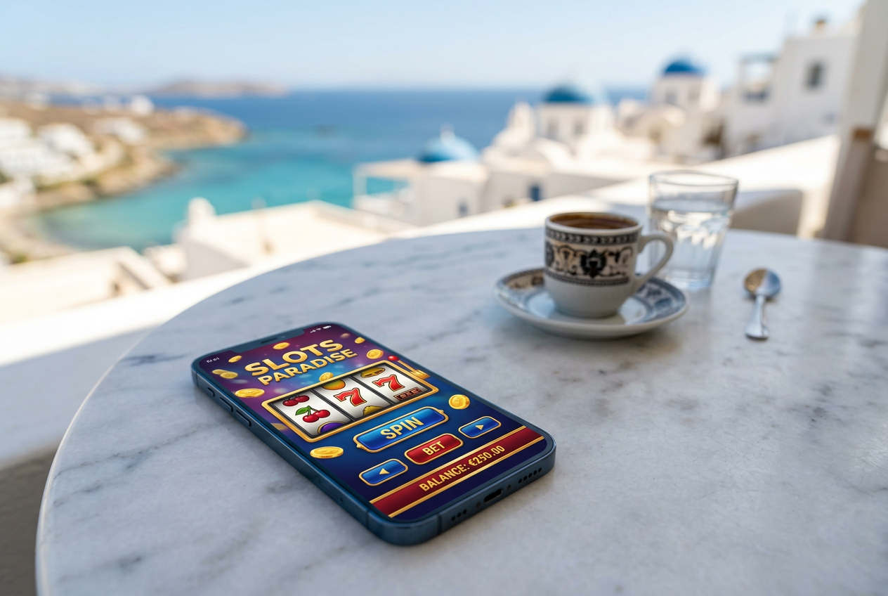 A modern smartphone showing a casino interface next to a cup of coffee on a sunny Mediterranean terrace.