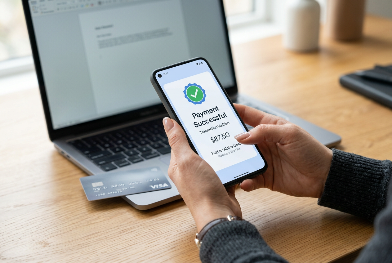 Close-up of a person using a mobile banking app for secure online transactions.
